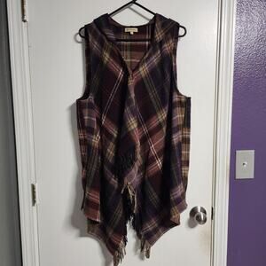 Democracy Hooded Sweater Vest Plaid Sleeveless Poncho Size L